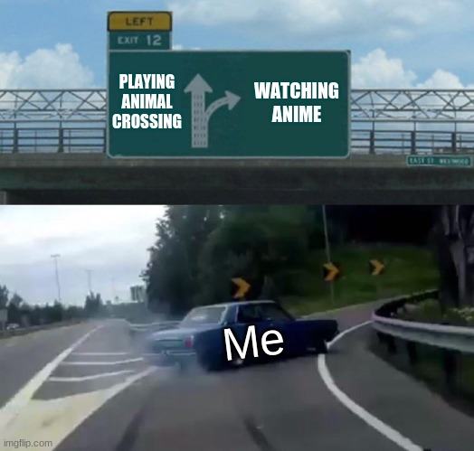 Left Exit 12 Off Ramp Meme | PLAYING ANIMAL CROSSING; WATCHING ANIME; Me | image tagged in memes,left exit 12 off ramp | made w/ Imgflip meme maker
