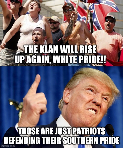 theres a reason trump loves the confederate flag |  THE KLAN WILL RISE UP AGAIN, WHITE PRIDE!! THOSE ARE JUST PATRIOTS DEFENDING THEIR SOUTHERN PRIDE | image tagged in donald trump,confederate flag supporters | made w/ Imgflip meme maker