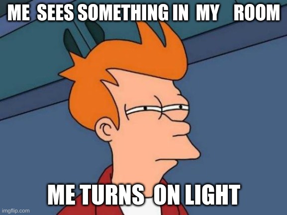 Futurama Fry Meme | ME  SEES SOMETHING IN  MY    ROOM; ME TURNS  ON LIGHT | image tagged in memes,futurama fry | made w/ Imgflip meme maker