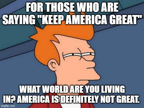 Nothing is great right now america is being destroyed by this president. Don't try to blame this on Joe Biden he isn't president | FOR THOSE WHO ARE SAYING "KEEP AMERICA GREAT"; WHAT WORLD ARE YOU LIVING IN? AMERICA IS DEFINITELY NOT GREAT. | image tagged in memes,futurama fry | made w/ Imgflip meme maker