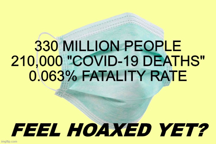 Fine, lets use your wildly inflated death count numbers. | 330 MILLION PEOPLE
210,000 "COVID-19 DEATHS"
0.063% FATALITY RATE; FEEL HOAXED YET? | image tagged in face mask | made w/ Imgflip meme maker