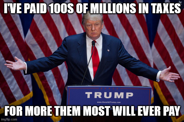 Donald Trump | I'VE PAID 100S OF MILLIONS IN TAXES FOR MORE THEM MOST WILL EVER PAY | image tagged in donald trump | made w/ Imgflip meme maker