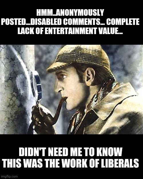 sherlock investigates | HMM..ANONYMOUSLY POSTED...DISABLED COMMENTS... COMPLETE LACK OF ENTERTAINMENT VALUE... DIDN'T NEED ME TO KNOW THIS WAS THE WORK OF LIBERALS | image tagged in sherlock investigates | made w/ Imgflip meme maker