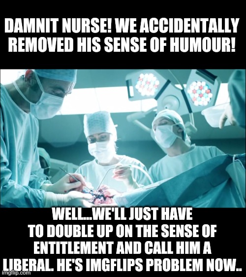 Brain Surgeon | DAMNIT NURSE! WE ACCIDENTALLY REMOVED HIS SENSE OF HUMOUR! WELL...WE'LL JUST HAVE TO DOUBLE UP ON THE SENSE OF ENTITLEMENT AND CALL HIM A LIBERAL. HE'S IMGFLIPS PROBLEM NOW.. | image tagged in brain surgeon | made w/ Imgflip meme maker