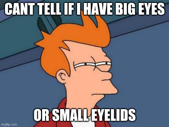 Futurama Fry Meme | CANT TELL IF I HAVE BIG EYES; OR SMALL EYELIDS | image tagged in memes,futurama fry | made w/ Imgflip meme maker