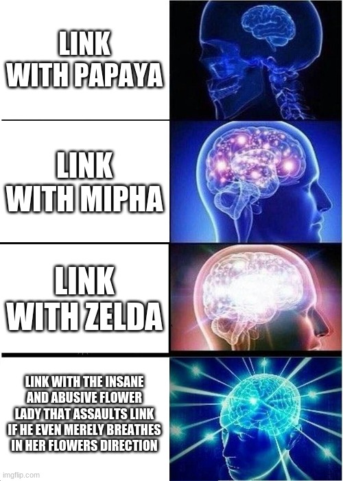 Link and Crazy Flower Lady's ship name is: Linowerlady | LINK WITH PAPAYA; LINK WITH MIPHA; LINK WITH ZELDA; LINK WITH THE INSANE AND ABUSIVE FLOWER LADY THAT ASSAULTS LINK IF HE EVEN MERELY BREATHES IN HER FLOWERS DIRECTION | image tagged in memes,expanding brain,the legend of zelda breath of the wild,crazy flower lady | made w/ Imgflip meme maker