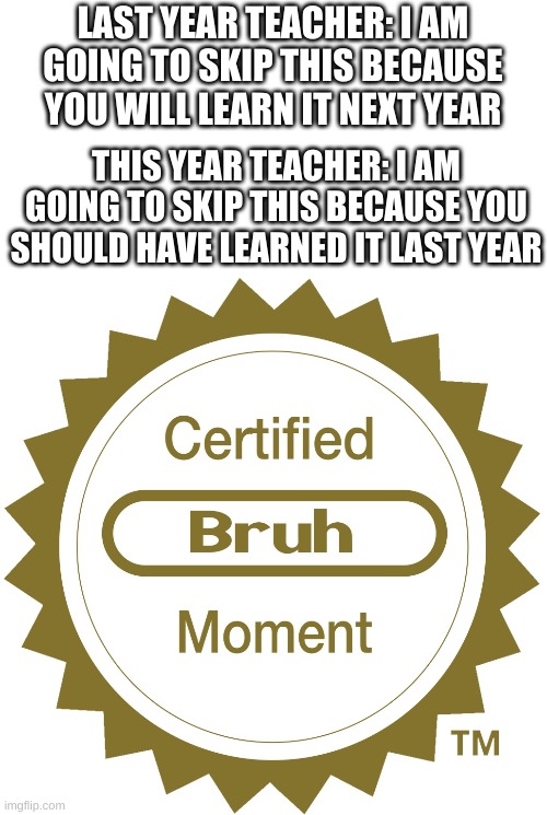 Certified bruh moment | LAST YEAR TEACHER: I AM GOING TO SKIP THIS BECAUSE YOU WILL LEARN IT NEXT YEAR; THIS YEAR TEACHER: I AM GOING TO SKIP THIS BECAUSE YOU SHOULD HAVE LEARNED IT LAST YEAR | image tagged in certified bruh moment | made w/ Imgflip meme maker