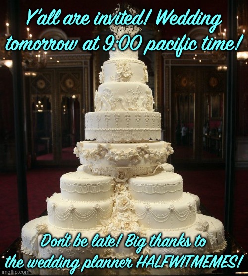 wedding cake | Y’all are invited! Wedding tomorrow at 9:00 pacific time! Don’t be late! Big thanks to the wedding planner HALFWITMEMES! | image tagged in wedding cake | made w/ Imgflip meme maker