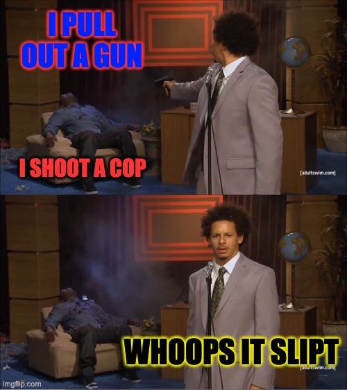 it slipt | I PULL OUT A GUN; I SHOOT A COP; WHOOPS IT SLIPT | image tagged in memes,who killed hannibal | made w/ Imgflip meme maker