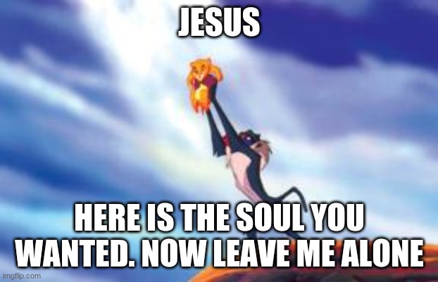 Lion King Cub | JESUS; HERE IS THE SOUL YOU WANTED. NOW LEAVE ME ALONE | image tagged in lion king cub | made w/ Imgflip meme maker