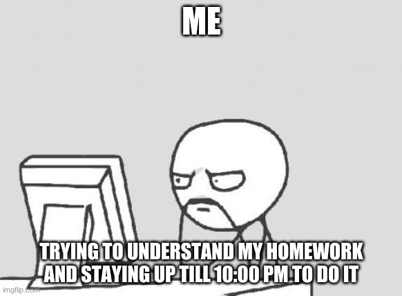 Computer Guy Meme | ME; TRYING TO UNDERSTAND MY HOMEWORK AND STAYING UP TILL 10:00 PM TO DO IT | image tagged in memes,computer guy | made w/ Imgflip meme maker