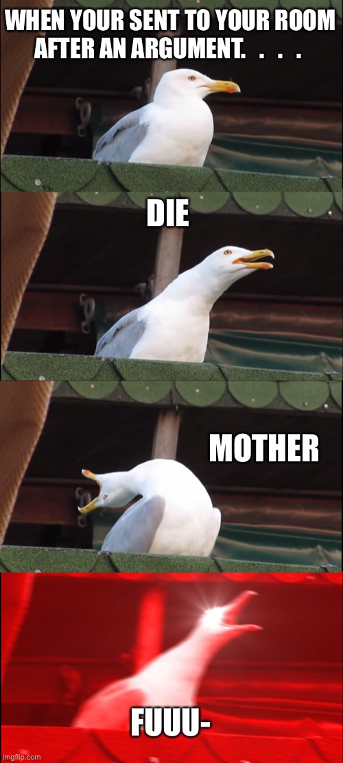 Inhaling Seagull | WHEN YOUR SENT TO YOUR ROOM AFTER AN ARGUMENT.   .   .   . DIE; MOTHER; FUUU- | image tagged in memes,inhaling seagull | made w/ Imgflip meme maker