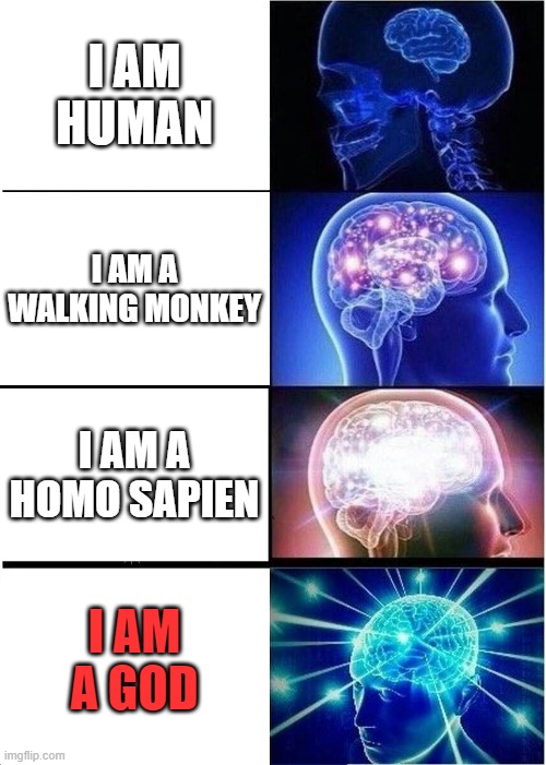 me is god now hehe | I AM HUMAN; I AM A WALKING MONKEY; I AM A HOMO SAPIEN; I AM A GOD | image tagged in memes,expanding brain,god,human | made w/ Imgflip meme maker