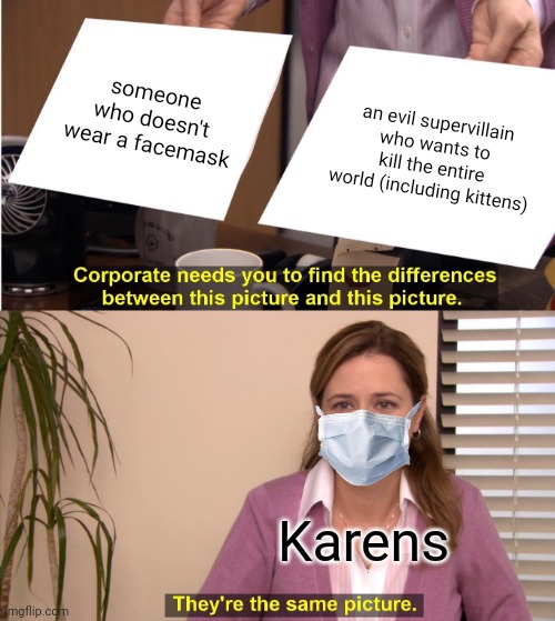 I'mma let you finish, but maskers are the greatest Karens of all time | someone who doesn't wear a facemask; an evil supervillain who wants to kill the entire world (including kittens); Karens | image tagged in memes,they're the same picture,facemask,karens | made w/ Imgflip meme maker