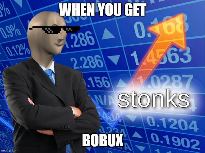 stonks | WHEN YOU GET; BOBUX | image tagged in stonks | made w/ Imgflip meme maker