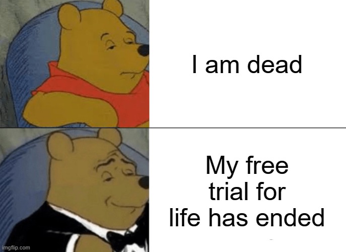 Tuxedo Winnie The Pooh Meme | I am dead; My free trial for life has ended | image tagged in memes,tuxedo winnie the pooh | made w/ Imgflip meme maker