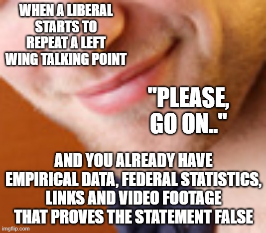Everything they pretty much say can be proven false | WHEN A LIBERAL STARTS TO REPEAT A LEFT WING TALKING POINT; "PLEASE, GO ON.."; AND YOU ALREADY HAVE EMPIRICAL DATA, FEDERAL STATISTICS, LINKS AND VIDEO FOOTAGE THAT PROVES THE STATEMENT FALSE | image tagged in stupid liberals,maga,2020,truth,facts | made w/ Imgflip meme maker