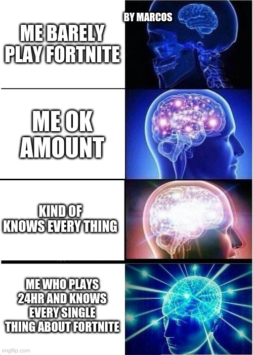 ree | BY MARCOS; ME BARELY PLAY FORTNITE; ME OK AMOUNT; KIND OF KNOWS EVERY THING; ME WHO PLAYS 24HR AND KNOWS EVERY SINGLE THING ABOUT FORTNITE | image tagged in memes,expanding brain | made w/ Imgflip meme maker