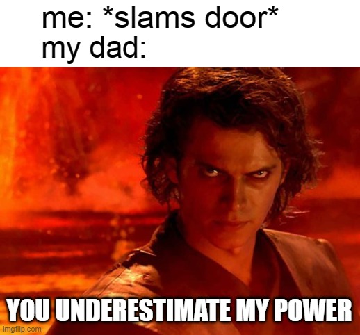 You Underestimate My Power |  me: *slams door*; my dad:; YOU UNDERESTIMATE MY POWER | image tagged in memes,you underestimate my power,dads | made w/ Imgflip meme maker