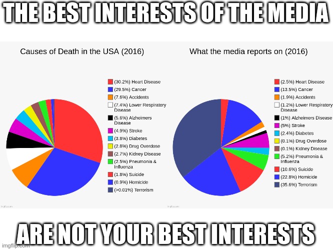 If they truly cared about you, heart disease would be the top story | THE BEST INTERESTS OF THE MEDIA; ARE NOT YOUR BEST INTERESTS | image tagged in media bias,corporate greed | made w/ Imgflip meme maker