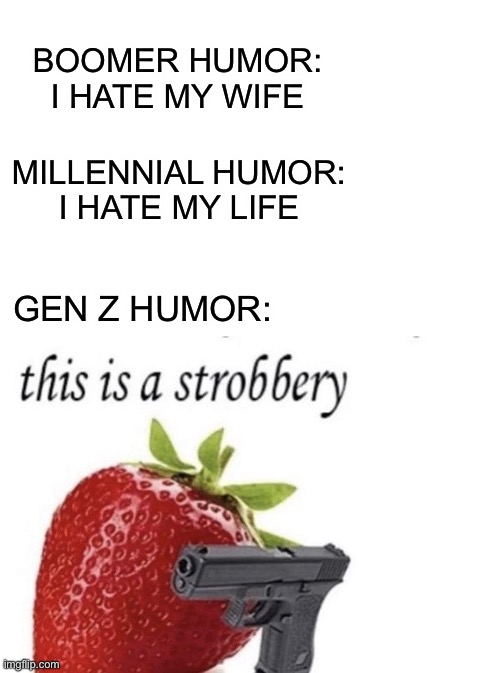 This is a strobbery | BOOMER HUMOR:
I HATE MY WIFE; MILLENNIAL HUMOR:
I HATE MY LIFE; GEN Z HUMOR: | image tagged in this is a strobbery | made w/ Imgflip meme maker