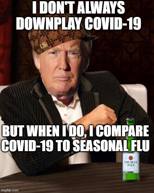 I don't always downplay COVID-19; But when I do, I compare COVID-19 to seasonal flu | I DON'T ALWAYS DOWNPLAY COVID-19; BUT WHEN I DO, I COMPARE COVID-19 TO SEASONAL FLU | image tagged in donald trump most interesting man in the world i don't always | made w/ Imgflip meme maker