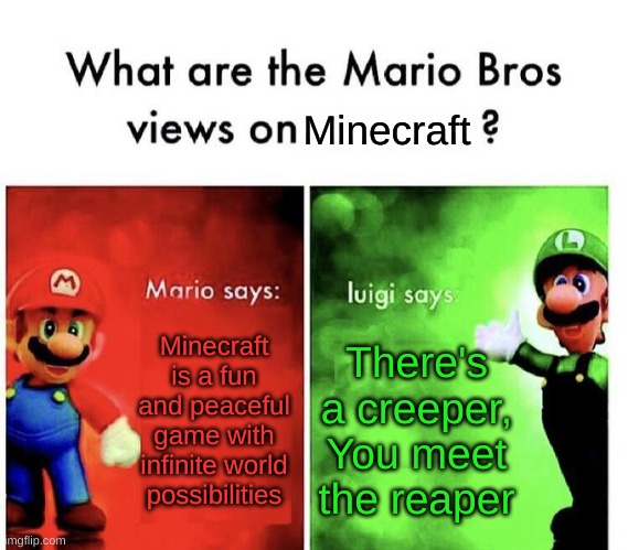 i liek minecraft | Minecraft; Minecraft is a fun and peaceful game with infinite world possibilities; There's a creeper,
You meet the reaper | image tagged in mario bros views,minecraft,death | made w/ Imgflip meme maker