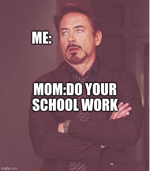 Face You Make Robert Downey Jr | ME:; MOM:DO YOUR SCHOOL WORK | image tagged in memes,face you make robert downey jr | made w/ Imgflip meme maker