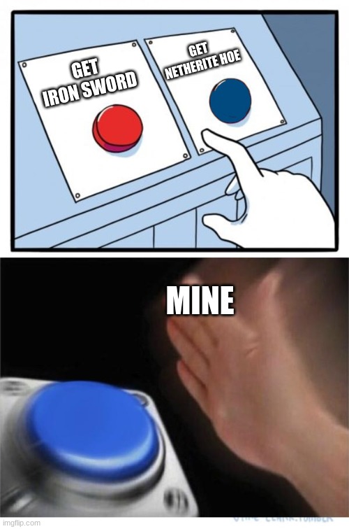 two buttons 1 blue | GET NETHERITE HOE; GET IRON SWORD; MINE | image tagged in two buttons 1 blue | made w/ Imgflip meme maker