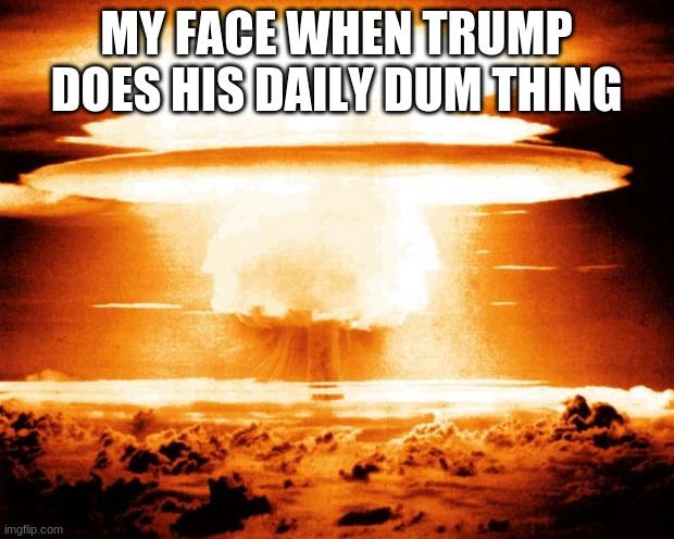 MY FACE WHEN.... | MY FACE WHEN TRUMP DOES HIS DAILY DUM THING | image tagged in mushroom cloud | made w/ Imgflip meme maker