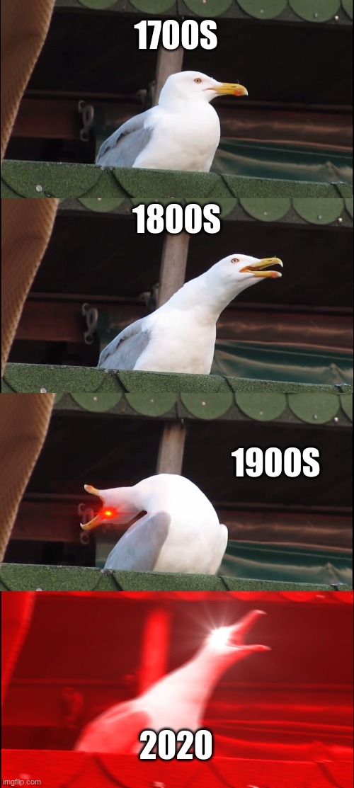 Inhaling Seagull | 1700S; 1800S; 1900S; 2020 | image tagged in memes,inhaling seagull | made w/ Imgflip meme maker