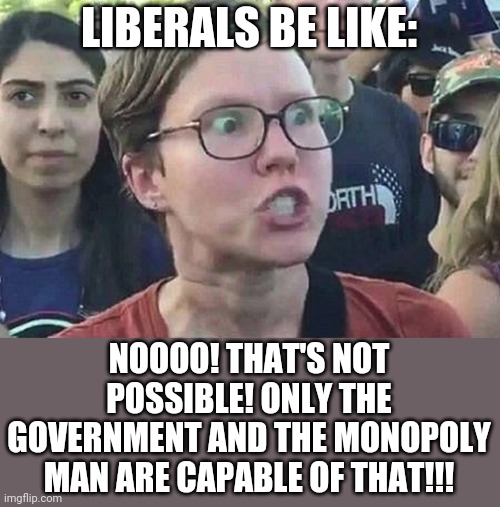 Triggered Liberal | LIBERALS BE LIKE: NOOOO! THAT'S NOT POSSIBLE! ONLY THE GOVERNMENT AND THE MONOPOLY MAN ARE CAPABLE OF THAT!!! | image tagged in triggered liberal | made w/ Imgflip meme maker