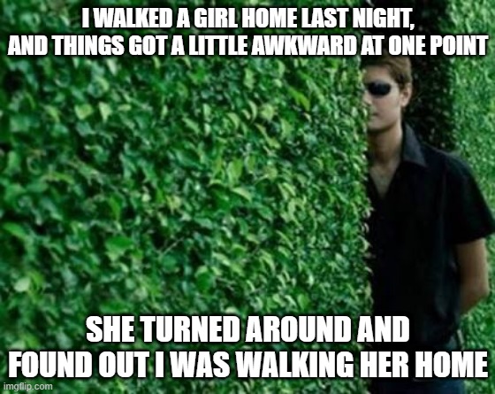 Yeah That is Awkward | I WALKED A GIRL HOME LAST NIGHT, AND THINGS GOT A LITTLE AWKWARD AT ONE POINT; SHE TURNED AROUND AND FOUND OUT I WAS WALKING HER HOME | image tagged in stalker | made w/ Imgflip meme maker