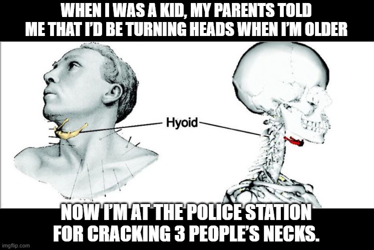 The Big Break | WHEN I WAS A KID, MY PARENTS TOLD ME THAT I’D BE TURNING HEADS WHEN I’M OLDER; NOW I’M AT THE POLICE STATION FOR CRACKING 3 PEOPLE’S NECKS. | image tagged in epstein broken neck bone | made w/ Imgflip meme maker