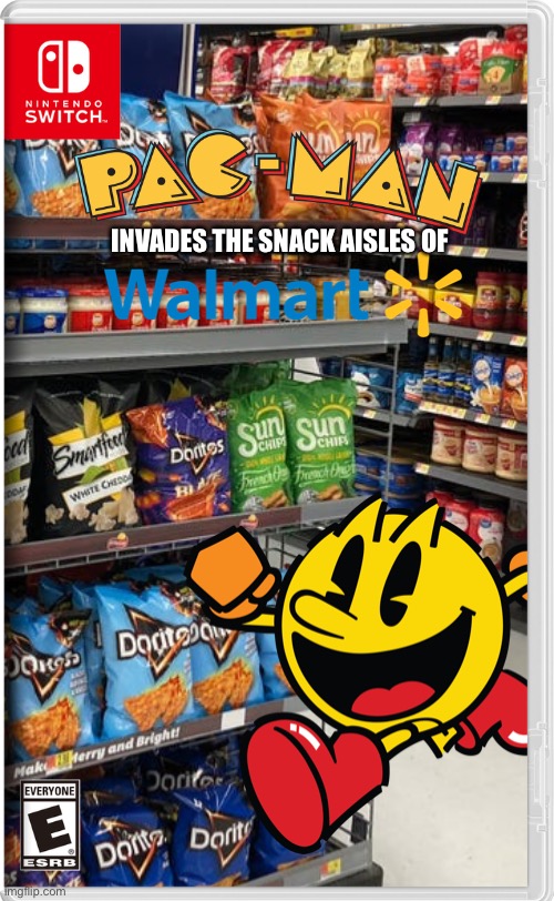 Pac-Man invades the snack aisles of Walmart | INVADES THE SNACK AISLES OF | image tagged in pac-man,pacman,walmart,fake switch games,memes | made w/ Imgflip meme maker