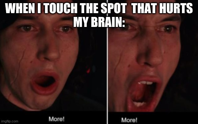More! MORE! | WHEN I TOUCH THE SPOT  THAT HURTS
MY BRAIN: | image tagged in more more | made w/ Imgflip meme maker