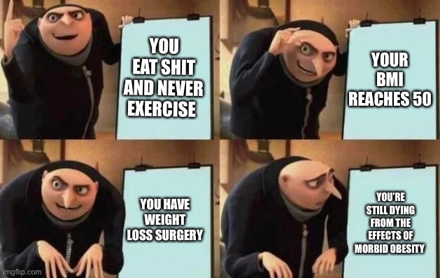 Gru's Plan | YOU EAT SHIT AND NEVER EXERCISE; YOUR BMI REACHES 50; YOU HAVE WEIGHT LOSS SURGERY; YOU’RE STILL DYING FROM THE EFFECTS OF MORBID OBESITY | image tagged in gru's plan,fail,weight loss,obesity,obese,fat | made w/ Imgflip meme maker