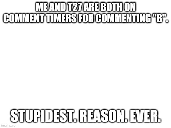 Blank White Template | ME AND T27 ARE BOTH ON COMMENT TIMERS FOR COMMENTING ''B''. STUPIDEST. REASON. EVER. | image tagged in blank white template | made w/ Imgflip meme maker