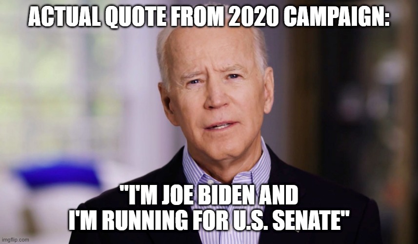 Joe Biden 2020 | ACTUAL QUOTE FROM 2020 CAMPAIGN: "I'M JOE BIDEN AND I'M RUNNING FOR U.S. SENATE" | image tagged in joe biden 2020 | made w/ Imgflip meme maker