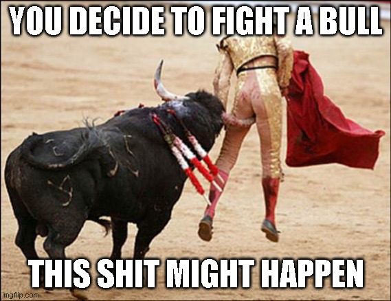 Consequences of Stupidity | YOU DECIDE TO FIGHT A BULL THIS SHIT MIGHT HAPPEN | image tagged in consequences of stupidity | made w/ Imgflip meme maker