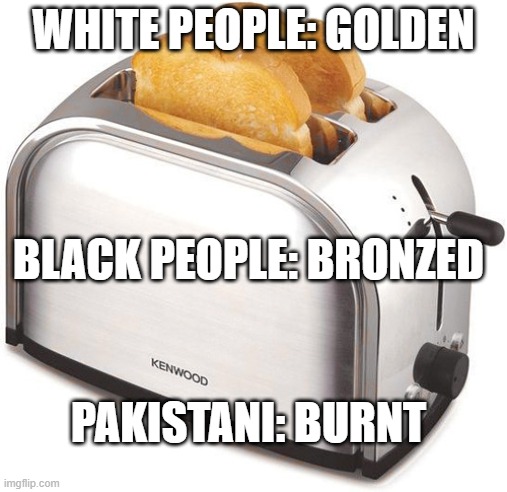 how do you like yours? | WHITE PEOPLE: GOLDEN; BLACK PEOPLE: BRONZED; PAKISTANI: BURNT | image tagged in toaster,race,funny,offensive,dark humor | made w/ Imgflip meme maker