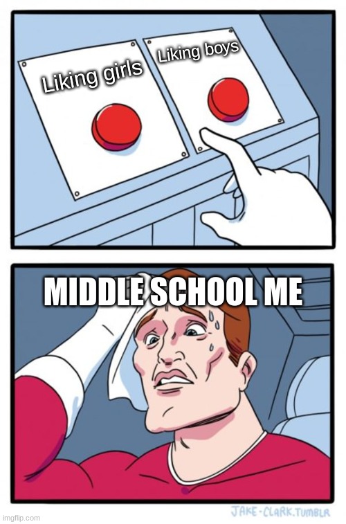 Two Buttons Meme | Liking boys; Liking girls; MIDDLE SCHOOL ME | image tagged in memes,two buttons | made w/ Imgflip meme maker
