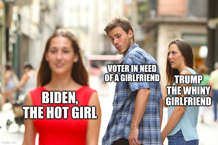 Distracted Boyfriend | VOTER IN NEED OF A GIRLFRIEND; TRUMP THE WHINY GIRLFRIEND; BIDEN, THE HOT GIRL | image tagged in memes,distracted boyfriend | made w/ Imgflip meme maker