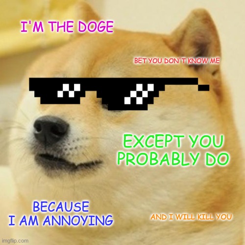 Doge | I'M THE DOGE; BET YOU DON'T KNOW ME; EXCEPT YOU PROBABLY DO; BECAUSE I AM ANNOYING; AND I WILL KILL YOU | image tagged in memes,doge | made w/ Imgflip meme maker