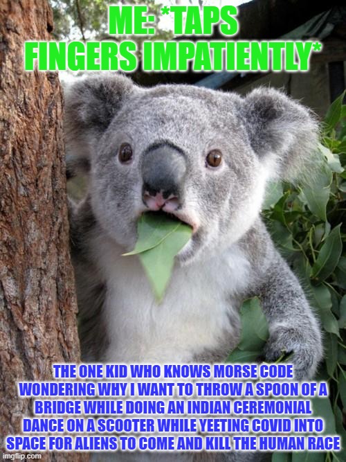 Morse Code koala | ME: *TAPS FINGERS IMPATIENTLY*; THE ONE KID WHO KNOWS MORSE CODE WONDERING WHY I WANT TO THROW A SPOON OF A BRIDGE WHILE DOING AN INDIAN CEREMONIAL DANCE ON A SCOOTER WHILE YEETING COVID INTO SPACE FOR ALIENS TO COME AND KILL THE HUMAN RACE | image tagged in memes,surprised koala,morse code | made w/ Imgflip meme maker