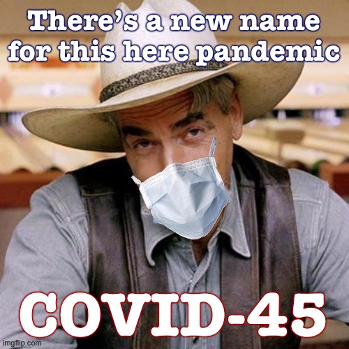 They called it the Kung Flu, the Chinese virus. How about this one? | There’s a new name for this here pandemic; COVID-45 | image tagged in sarcasm cowboy with face mask,covid-19,covid19,covid,trump is a moron,election 2020 | made w/ Imgflip meme maker