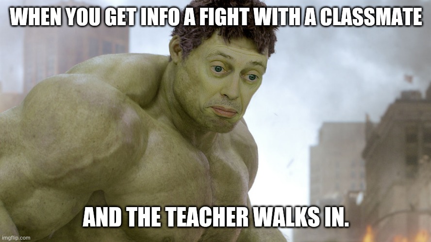 steve buscemi hulk | WHEN YOU GET INFO A FIGHT WITH A CLASSMATE; AND THE TEACHER WALKS IN. | image tagged in steve buscemi hulk | made w/ Imgflip meme maker