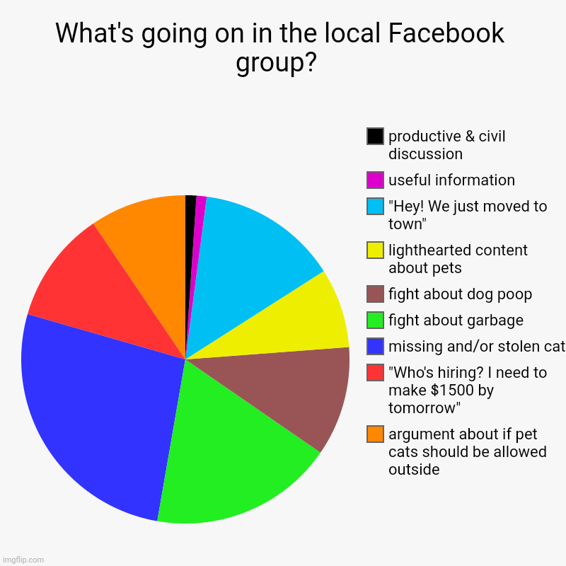 What's Going On in the Local Facebook Group? | What's going on in the local Facebook group?  | argument about if pet cats should be allowed outside , "Who's hiring? I need to make $1500 b | image tagged in charts,pie charts | made w/ Imgflip chart maker