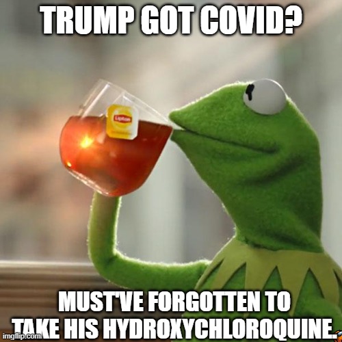 oh wait... it doesn't work | TRUMP GOT COVID? MUST'VE FORGOTTEN TO TAKE HIS HYDROXYCHLOROQUINE. | image tagged in memes,but that's none of my business,kermit the frog,donald trump,covid-19 | made w/ Imgflip meme maker