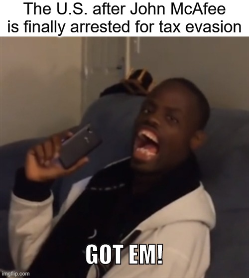 John McAfee | The U.S. after John McAfee is finally arrested for tax evasion; GOT EM! | image tagged in got em,deez nuts,john mcafee,tax evasion,taxation,libertarian | made w/ Imgflip meme maker